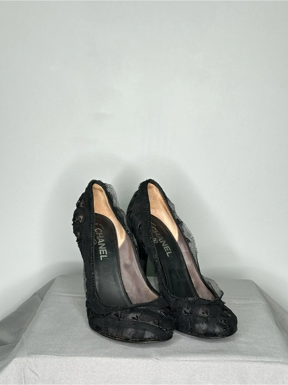 CHANEL Black Lace Peep-Toe Heels
